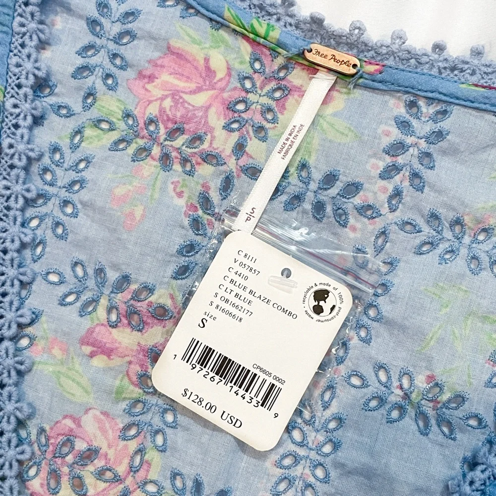 Free People Blue Floral Blossom Eyelet Top • NWT